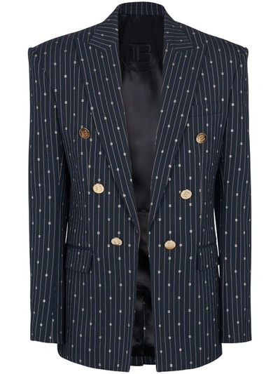 Shop Balmain Pb Pinstripe Wool 6 Btn Jacket Clothing In Blue
