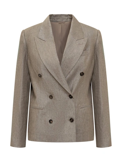 Shop Brunello Cucinelli Sparkling Linen Twill Blazer With Monile In Brown