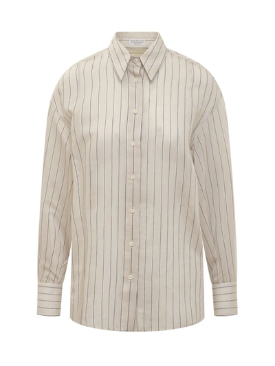 Shop Brunello Cucinelli Cotton And Silk Sparkling Stripe Poplin Shirt With Monile In Beige
