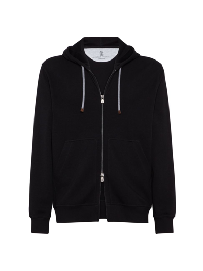 Shop Brunello Cucinelli Men's Techno Cotton French Terry Hooded Sweatshirt With Zipper In Black