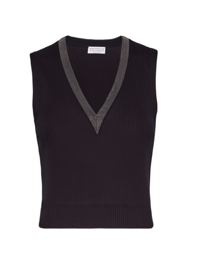 Shop Brunello Cucinelli Women's Stretch Cotton Ribbed Jersey Cropped Top With Precious Neckline In Black