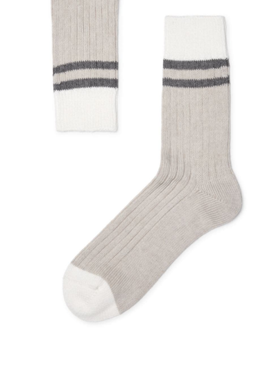 Shop Brunello Cucinelli Men's Cotton Socks With Stripes In Beige