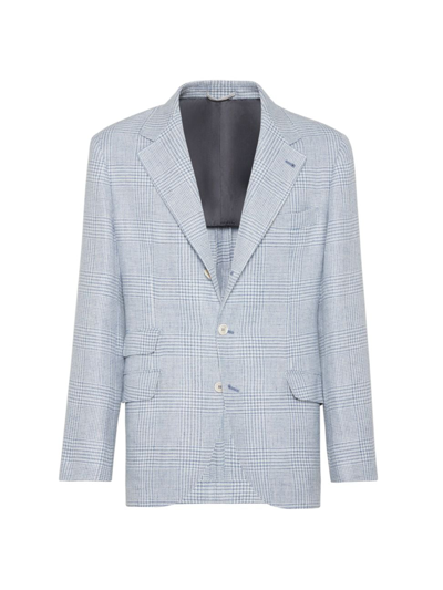 Shop Brunello Cucinelli Men's Linen, Wool And Silk Prince Of Wales Deconstructed Cavallo Blazer In Sky Blue
