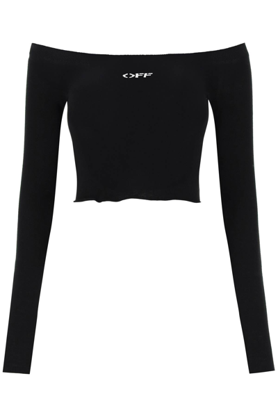 Shop Off-white Off White Knitted Off Shoulder Cropped Top In Black