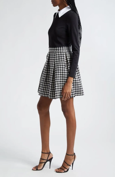 Shop Alice And Olivia Chara Houndstooth Long Sleeve Layered Dress In Black/ Off White