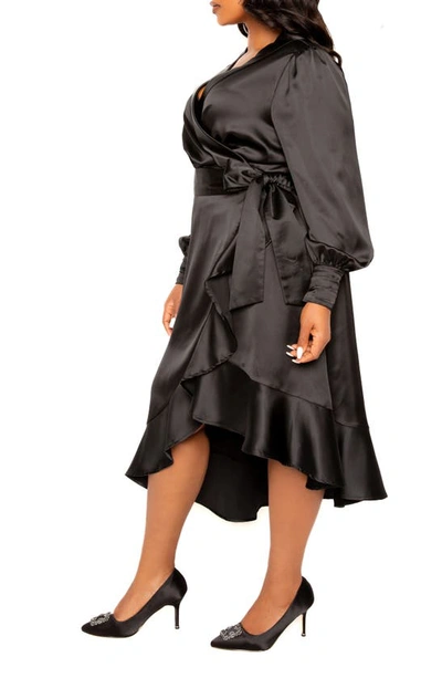 Shop Buxom Couture Long Sleeve Satin Wrap Dress In Black