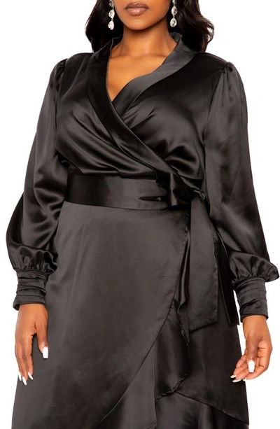 Shop Buxom Couture Long Sleeve Satin Wrap Dress In Black