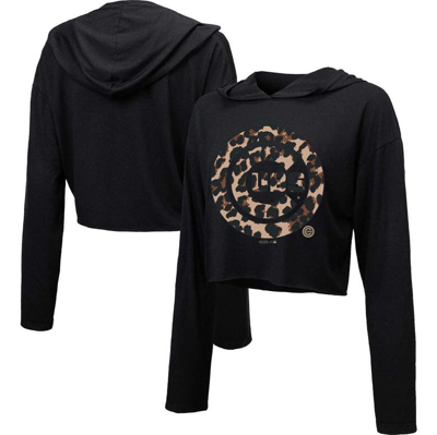Shop Majestic Threads Black Chicago Cubs Leopard Cropped Hoodie