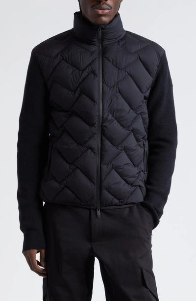 Shop Moncler Quilted Mixed Media Virgin Wool Blend Down Jacket In Black