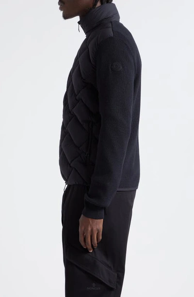 Shop Moncler Quilted Mixed Media Virgin Wool Blend Down Jacket In Black