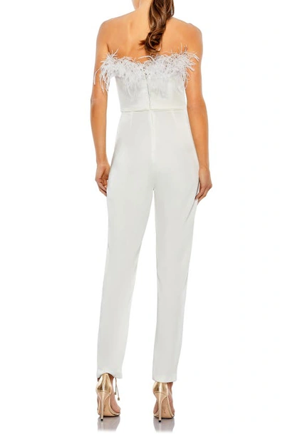 Shop Ieena For Mac Duggal Feather Trim Strapless Jumpsuit In White