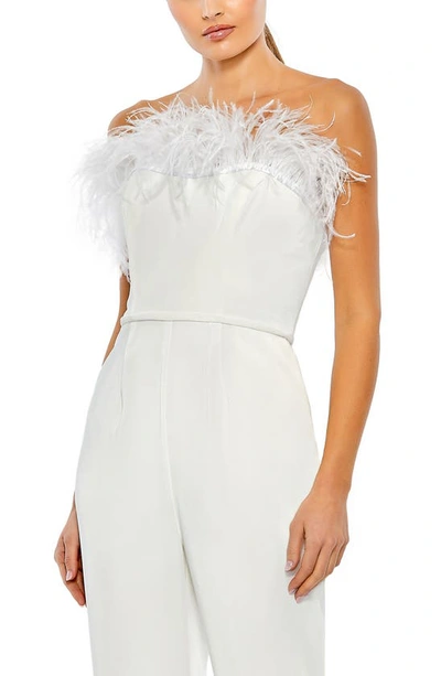 Shop Ieena For Mac Duggal Feather Trim Strapless Jumpsuit In White