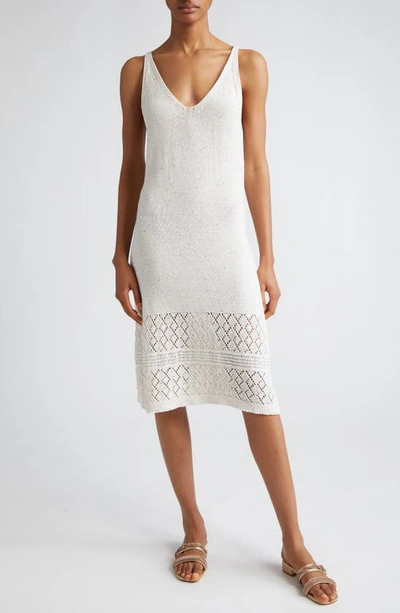 Shop Eleventy Sequin Sleeveless Cotton & Linen Blend Pointelle Sweater Dress In White