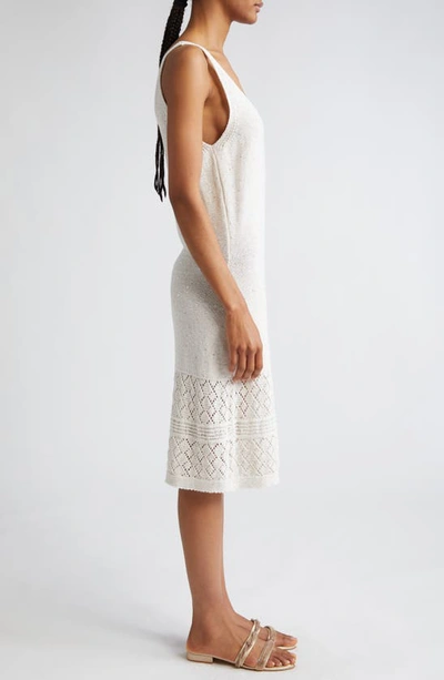 Eleventy Sequin Sleeveless Cotton & Linen Blend Pointelle Sweater Dress In White