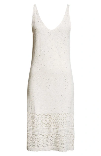 Eleventy Sequin Sleeveless Cotton & Linen Blend Pointelle Sweater Dress In White