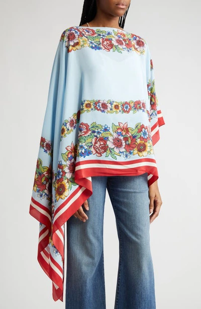 Shop Etro Placed Floral Print Silk Poncho In Print On Pale Blue Base