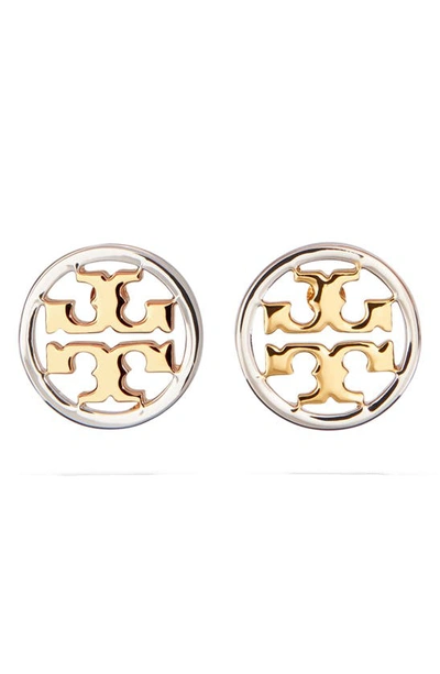 Shop Tory Burch Circle Logo Stud Earrings In Tory Gold / Silver