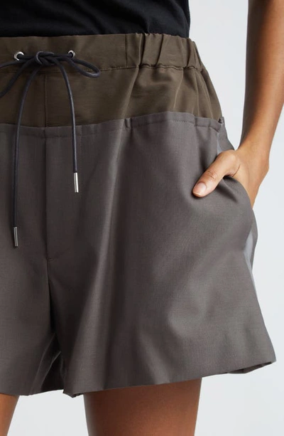 Shop Sacai Colorblock Drawstring Suiting Shorts In Taupe