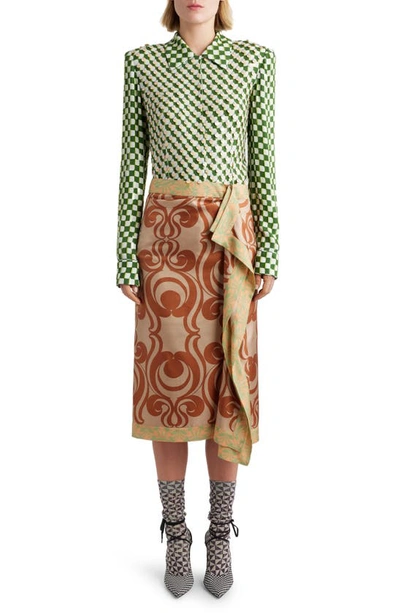 Shop Dries Van Noten Mixed Print Draped Silk Midi Skirt In Brown 703