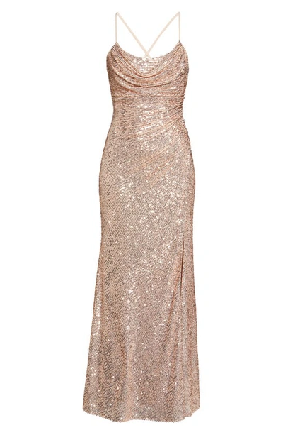 Shop Morgan & Co. Cowl Neck Sequin Crossback Body-con Gown In Gold
