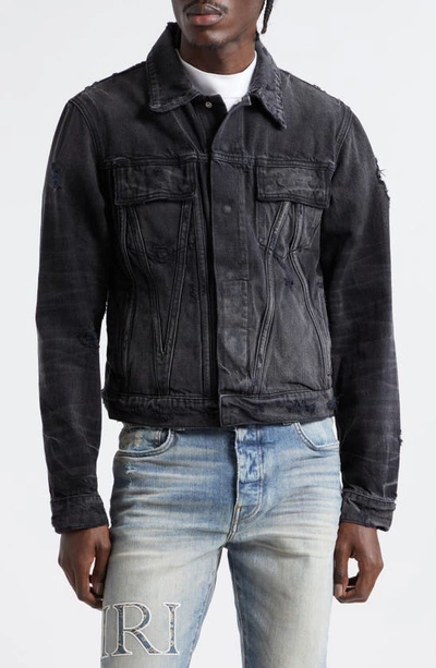 Shop Amiri Ma Distressed Denim Trucker Jacket In Faded Black