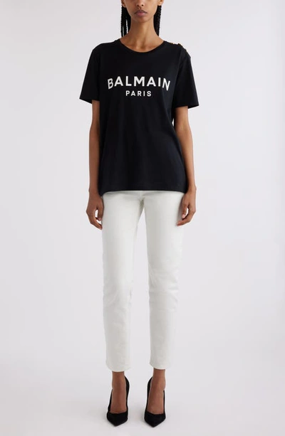 Balmain Black Crewneck T-shirt With Logo Print And Golden Buttons In Jersey Woman In Eab Black/ White