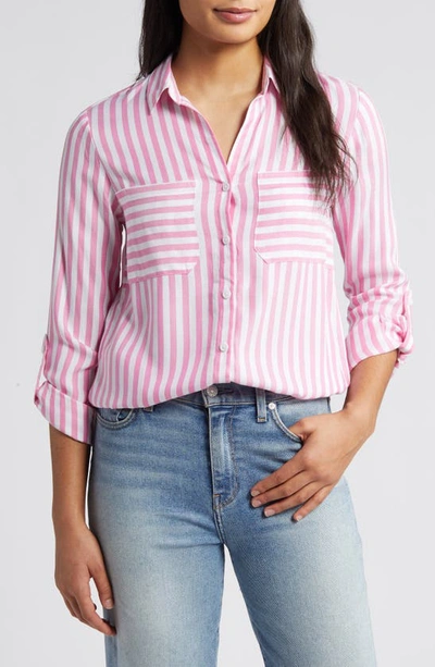 Shop Beachlunchlounge Kaia Stripe Long Sleeve Button-up Shirt In Pure Pink