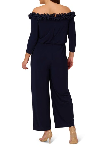 Shop Adrianna Papell Ruffled Off The Shoulder Long Sleeve Jumpsuit In Navy