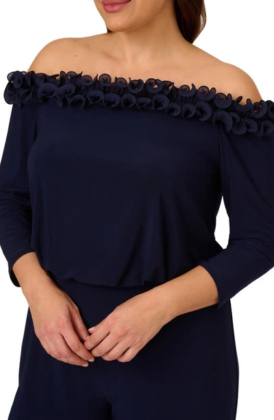 Shop Adrianna Papell Ruffled Off The Shoulder Long Sleeve Jumpsuit In Navy