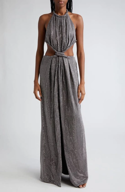 Shop Area Crystal Embellished Cutout Ponte Jersey Halter Gown In Charcoal