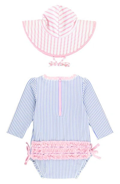 Rufflebutts Seersucker One-piece Rashguard Swimsuit & Hat Set In Periwinkle Seersucker