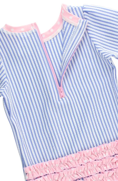 Rufflebutts Seersucker One-piece Rashguard Swimsuit & Hat Set In Periwinkle Seersucker