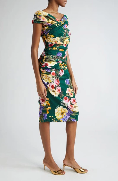 Shop Dolce & Gabbana Garden Floral Print Charmeuse Sheath Dress In Black Purple