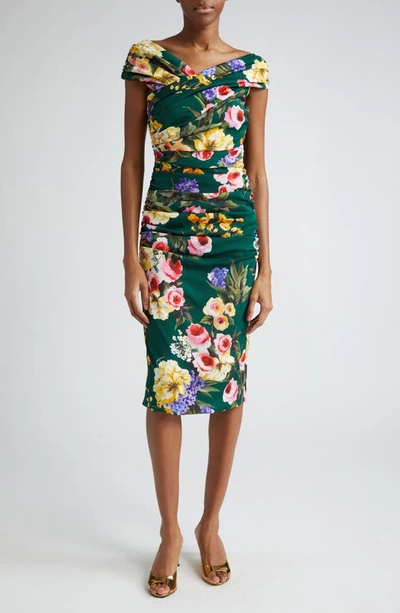 Shop Dolce & Gabbana Garden Floral Print Charmeuse Sheath Dress In Black Purple