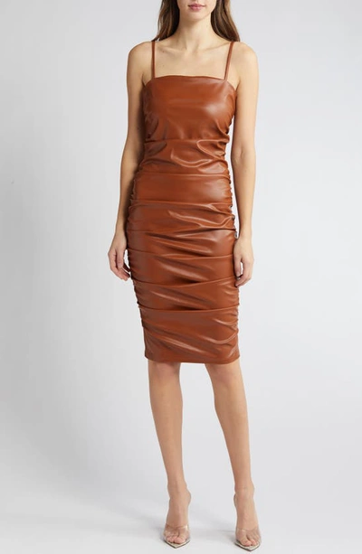 Shop Bebe Ruched Faux Leather Dress In Brown