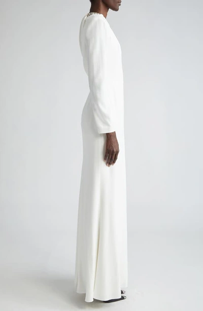 Shop Alexander Mcqueen Crystal Embellished Long Sleeve Leaf Crepe Gown In Light Ivory