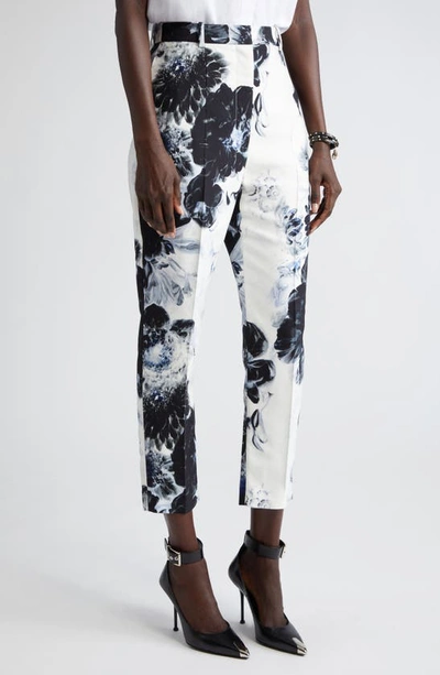 Shop Alexander Mcqueen Chiaroscuro Floral High Waist Cady Cigarette Trousers In Ink