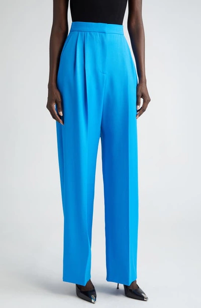 Shop Alexander Mcqueen Double Pleat Wool Wide Leg Pants In Lapis Blue