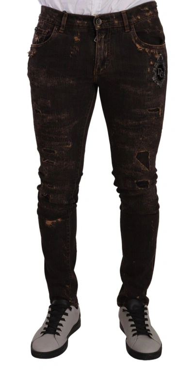 Shop Dolce & Gabbana Brown Distressed Slim Fit Skinny Denim Jeans
