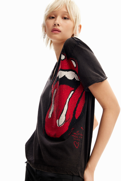 Shop Desigual Rhinestone The Rolling Stones T-shirt In Black