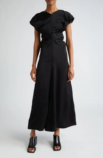 Shop Jil Sander Puff Sleeve Satin Midi Dress In 001 Black