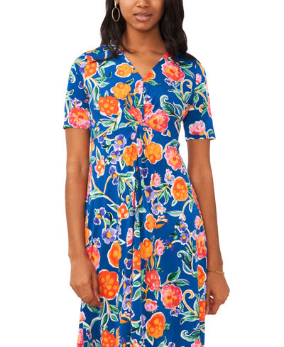 Shop Msk Petite Floral-print Twist-front Midi Dress In Blue Multi
