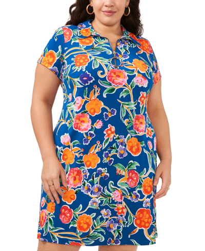 Shop Msk Plus Size Floral-print Zip-front Shift Dress In Blue Multi