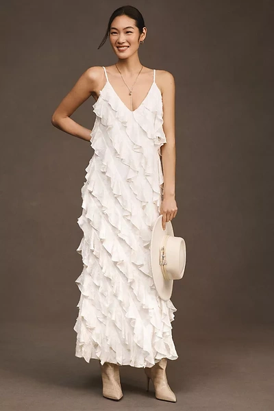 Shop Bhldn Jia Bias-cut Ruffled V-neck Gown In White
