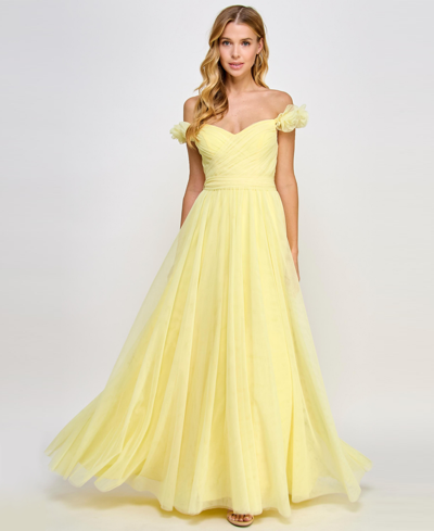 Shop City Studios Juniors' Rosette Off-the-shoulder Tulle Gown, Created For Macy's In Lemonade