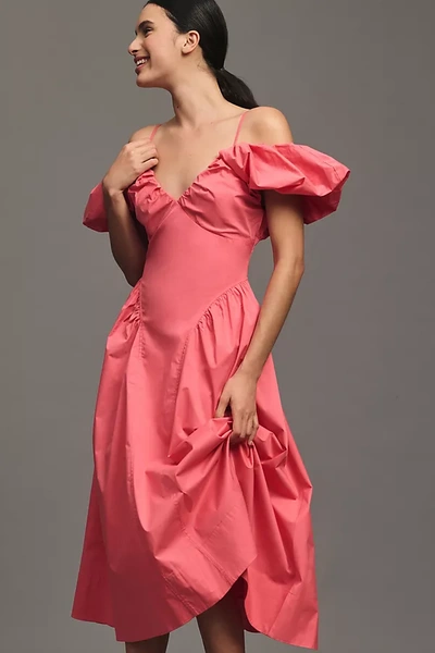 Shop English Factory Off-the-shoulder Puff-sleeve Midi Dress In Pink