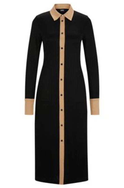 Shop Hugo Boss Long-length Shirt-style Dress In Ribbed Jersey In Black