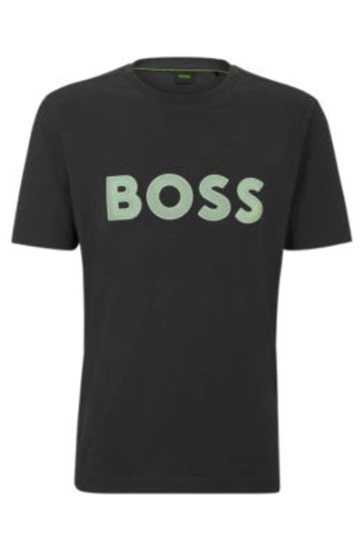 Shop Hugo Boss Cotton-jersey Regular-fit T-shirt With Mesh Logo In Dark Grey