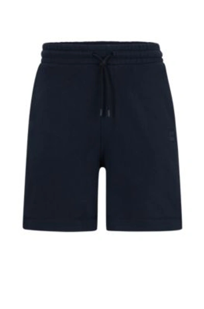Shop Hugo Boss Cotton-terry Regular-fit Shorts With Logo Badge In Dark Blue