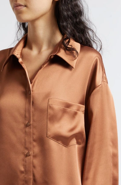 Shop Alice And Olivia Finely Oversize Satin Button-up Shirt In Camel